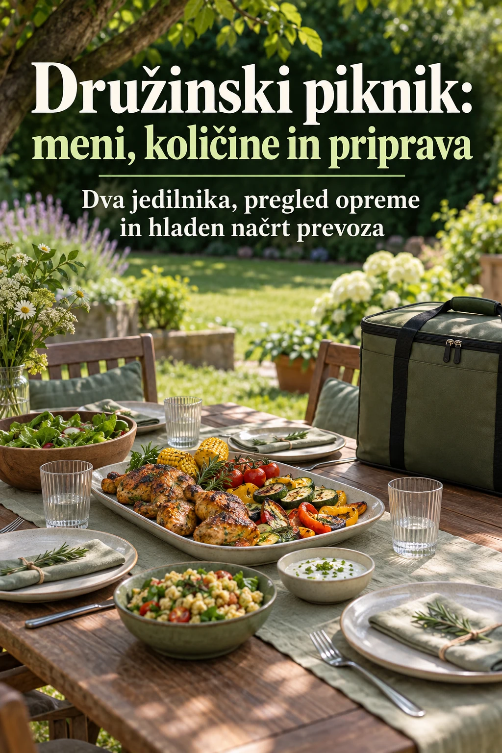 Platnica: Družinski piknik: meni, količine in priprava — Dva jedilnika, pregled opreme in hladen načrt prevoza