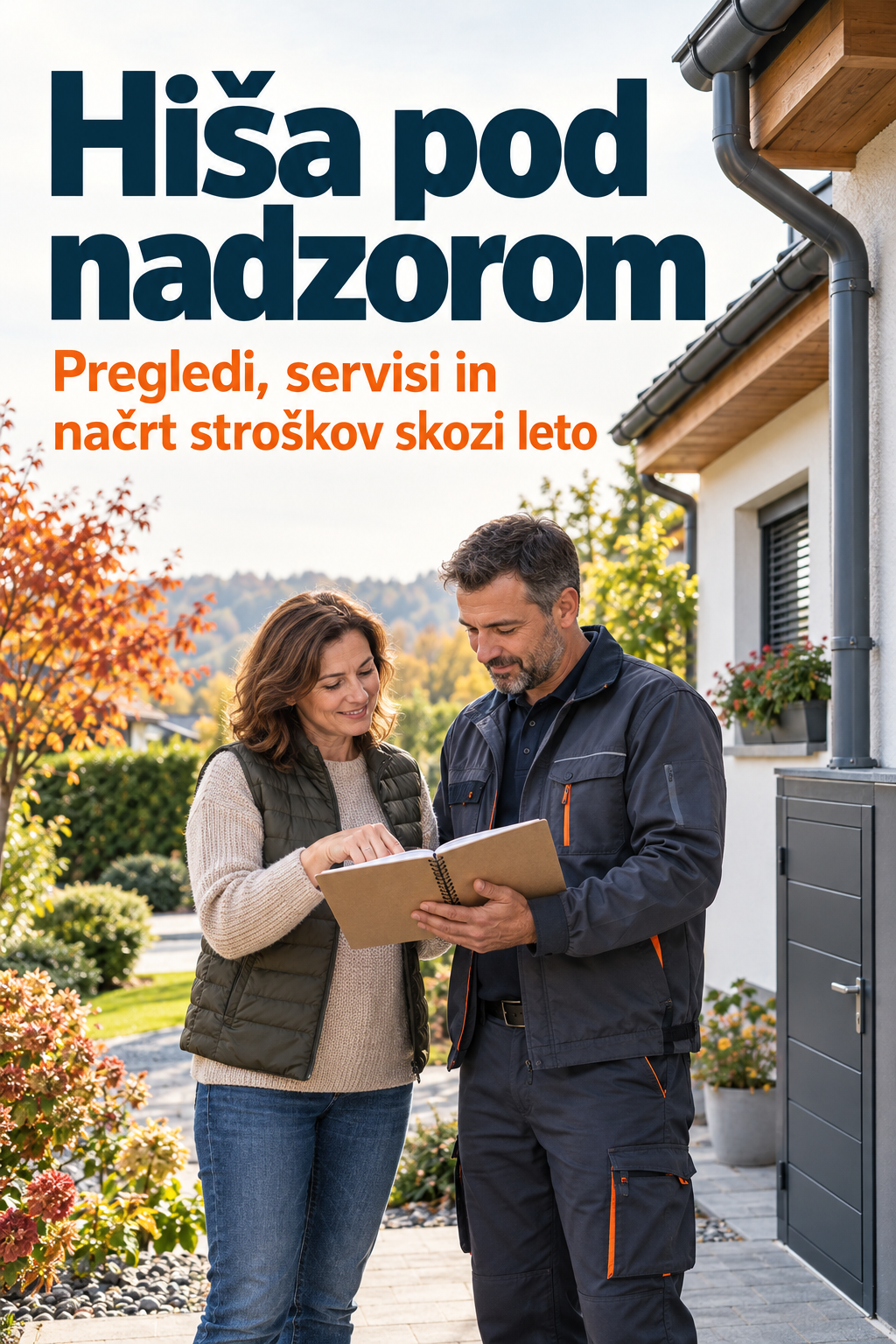 Platnica Hiša pod nadzorom: lastnica doma in serviser pred hišo v jesenskem okolju