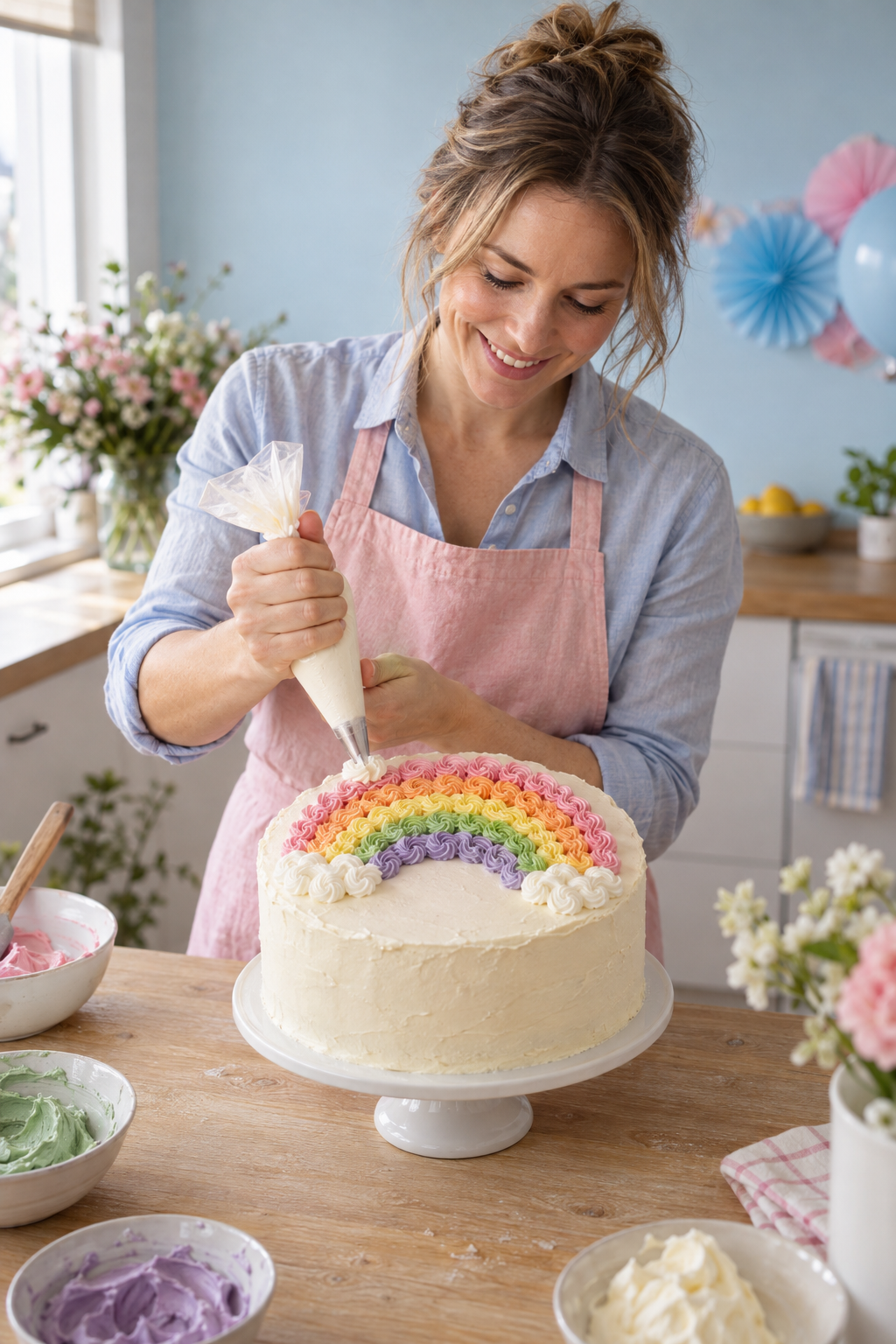 Domača priprava bele torte s petimi barvnimi loki rozet, ki ležijo na vrhu, in belimi oblaki iz kreme
