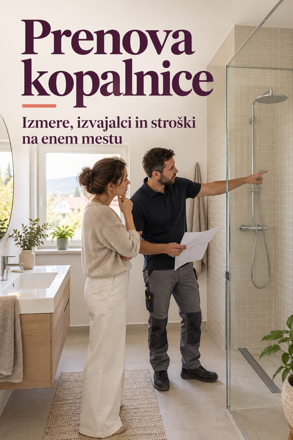 Platnica Prenova kopalnice: lastnica in izvajalec pregledujeta tuš in dokument v svetli kopalnici