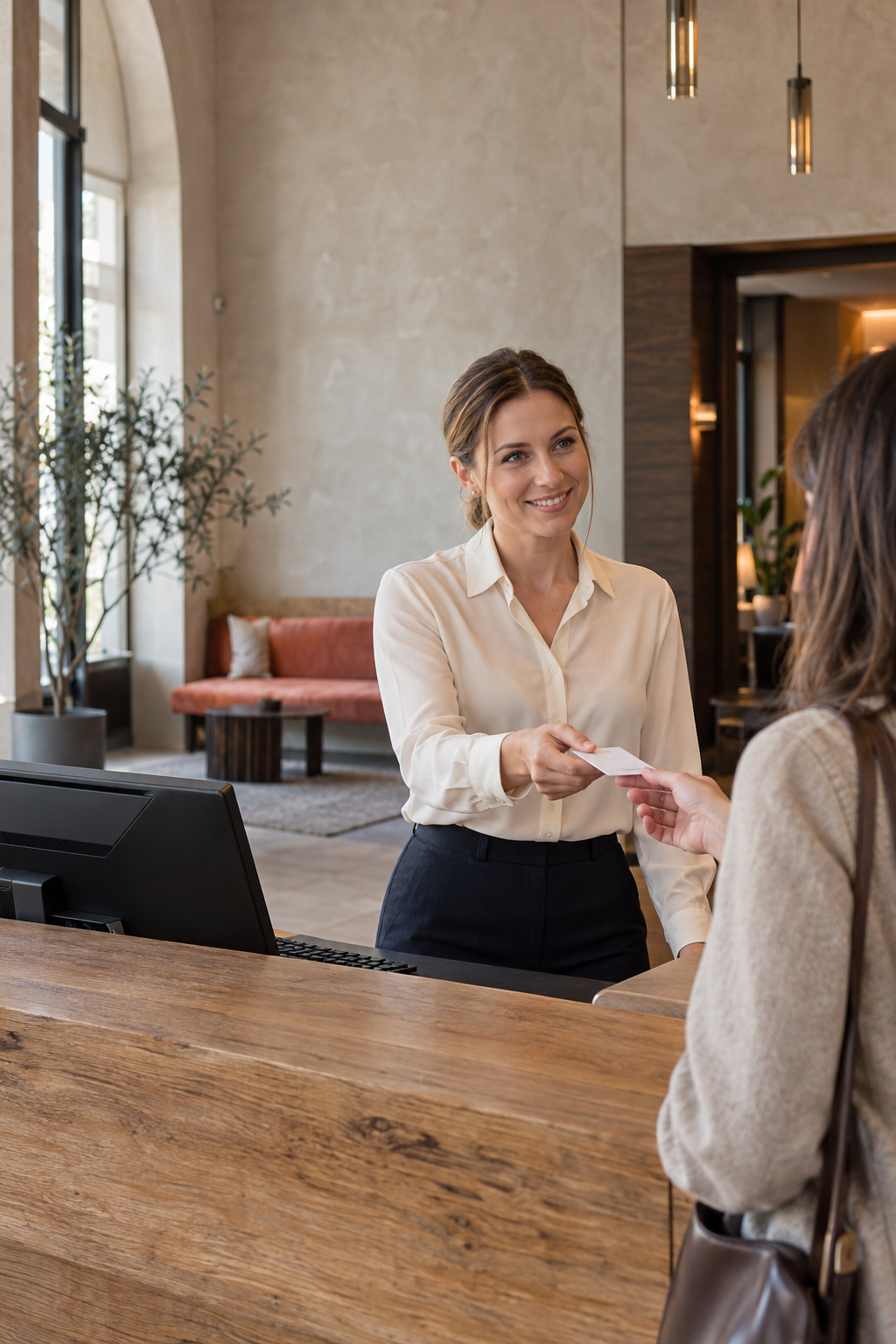 Ponazoritev receptorke pri pogovoru z gostjo ob hotelskem pultu