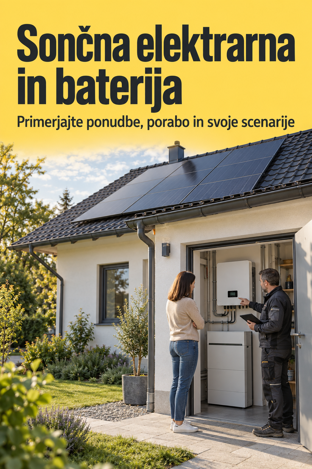 Platnica Sončna elektrarna in baterija: lastnica z izvajalcem preverja opremo ob hiši s fotovoltaiko.
