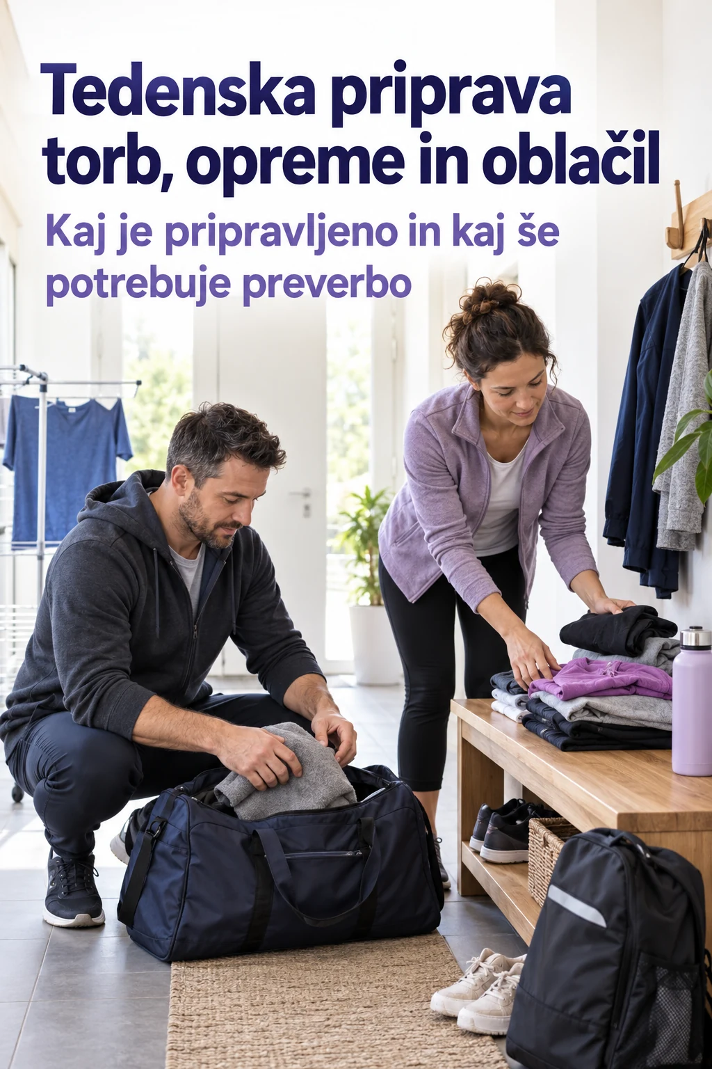 Platnica: Tedenska priprava torb, opreme in oblačil — Kaj je pripravljeno in kaj še potrebuje preverbo